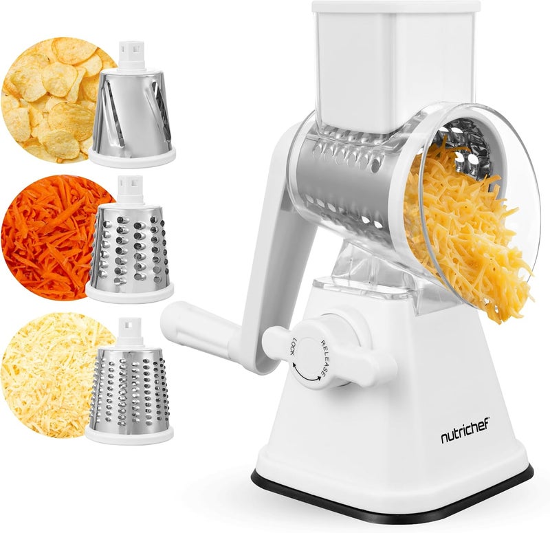 NutriChef 3 in 1 Cheese Grater & Shredder | Strong Suction Base, Rotary Handle with Safety Lock | Includes Hand Crank & 3 Drum Blades for 3 Textures, Fine, Medium & Strips | White - Image 1